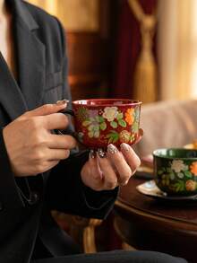 DearDali 2 Stücke (1 Tasse + 1 Untertasse) Hochtemperatur-Keramik Retro Glanz Bunte Glasur Kaffee Tasse und Untertasse Set, breiter Griff Tasse mit Untertasse, Vintage Blumen handgemalt botanischer Muster, Tischgeschirr Frühstückstasse, Schreibtisch Dekoration, künstlerische Atmosphäre Geschenk, geeignet für Einweihungsparty, Geburtstagsgeschenk, Kaffee- und Teeliebhaber, Nachmittagstee-Treffen zu Hause - Verschiedenfarbig - Übersicht 4