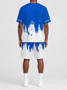 KOVSEE 2 pezzi/Set Nuova Maglietta casual da uomo a maniche corte con stampa lettera Los Angeles + Pantaloncini, Set sportivo estivo da uomo con stampa 3D a maniche corte e pantaloncini - Blu - Visualizzare 3