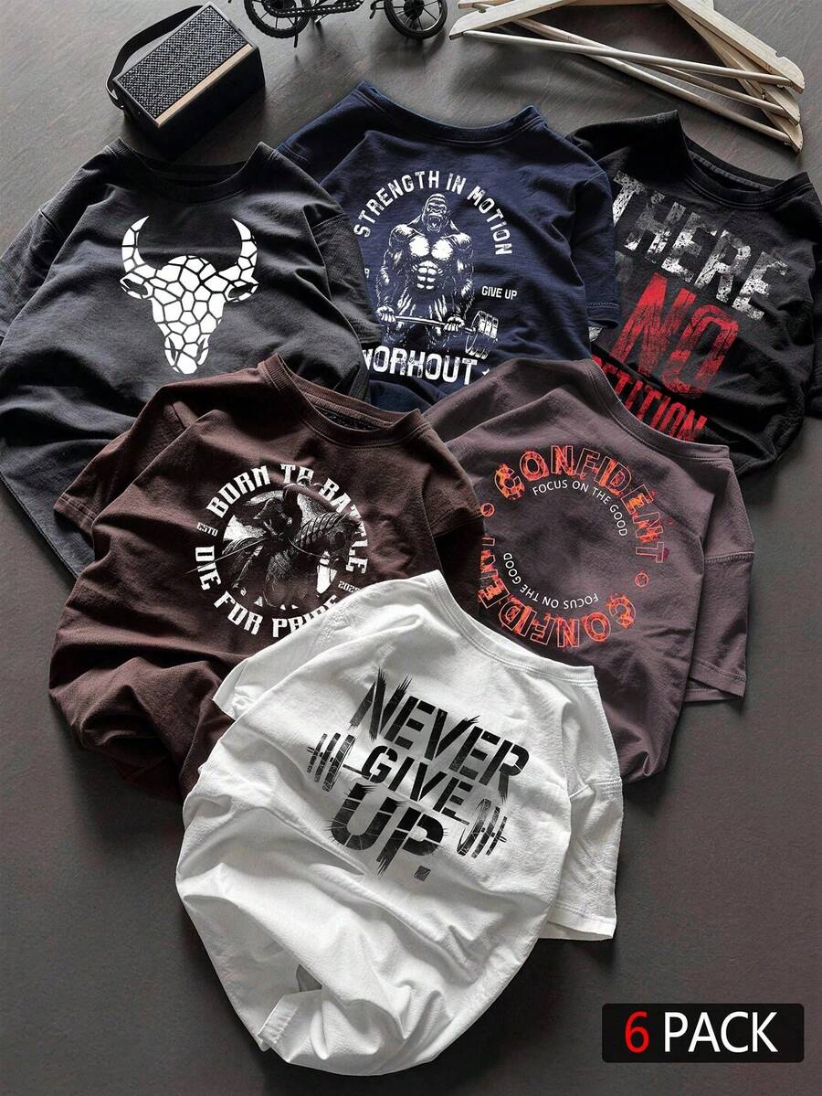 Sport MetroGents Set de 3 camisetas deportivas de manga corta con cuello redondo, estampado de letras y cuernos de toro para hombres - Negro 11 - Ver 1
