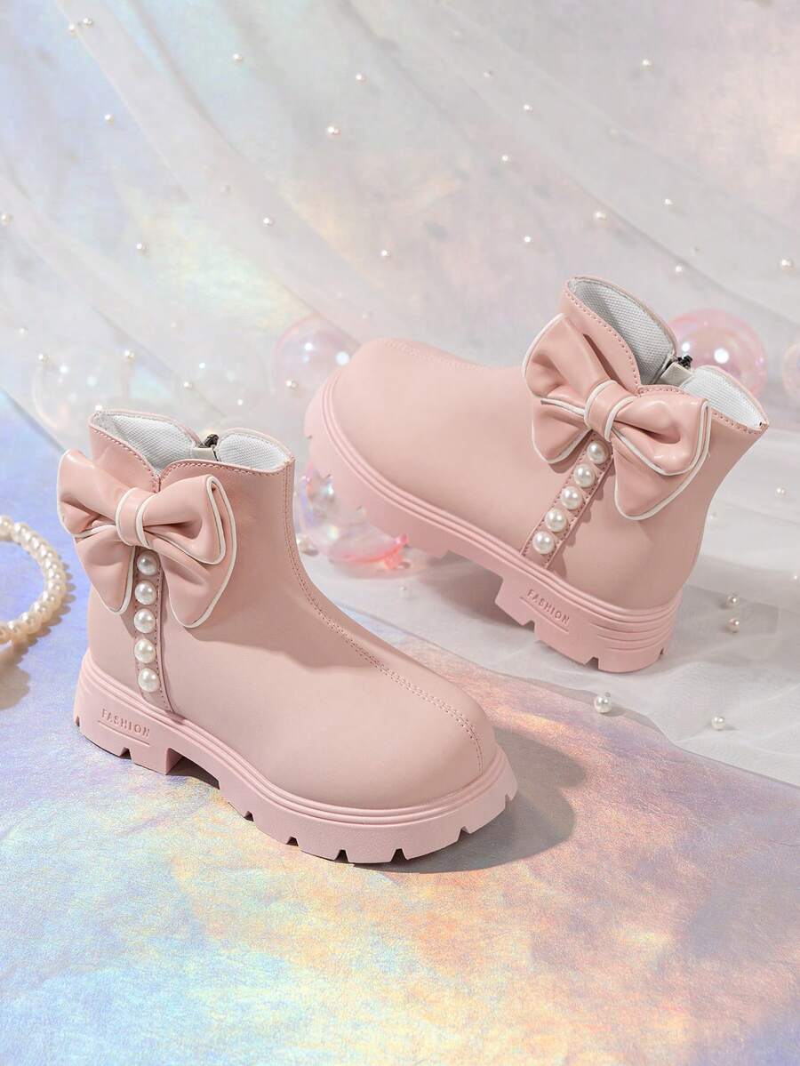 Autumn/Winter New Comfortable Soft Surface Children's Boots With Bow Design, Anti-Slip Side Zipper, Versatile Ankle Boots For Little Girls - Pink - View 1