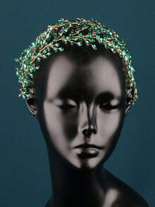 European & American Fashion Green Long Leaf Rhinestone Headband, Handmade Colorful Crystal Bridal Side Hair Accessory, Wedding Gown Evening Dress Styling Rhinestone Headpiece - Green - View 2