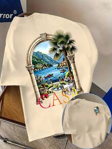 Men's Casual T-Shirt With Lake Como Landscape Print, Italy, Versatile And Stylish Short Sleeve, New Men's T-Shirt, Modern Outfit With A Unique And Niche Design, E - 杏色 - 查看 2
