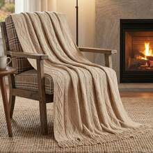 1pc Solid Color Textured Knit Blanket, Nordic Style Acrylic Rectangular Dotted Nap Blanket, Sofa Throw, Small Blanket For Daily Use - Vertical Diamond Pattern Khaki - View 5