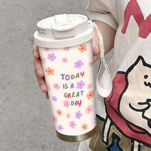 1/5pcs 18oz Stainless Steel Coffee Tumbler, Today Is A Great Day Colorful Floral Print Travel Mug, Multi-Function Flip Straw Lid, White COFFEE Lanyard Strap, Ideal Gift For Positive Ladies, Suitable For Picnic Travel Home Office Daily - Today Is a Beautiful Day. - View 7
