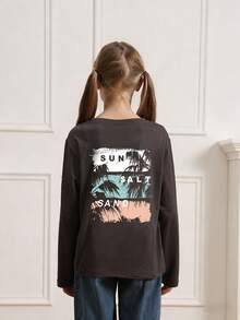 Teen Girl Casual Fun Print Round Neck Pullover Long Sleeve T-Shirt, Autumn/Winter Top - Dark Grey - View 2