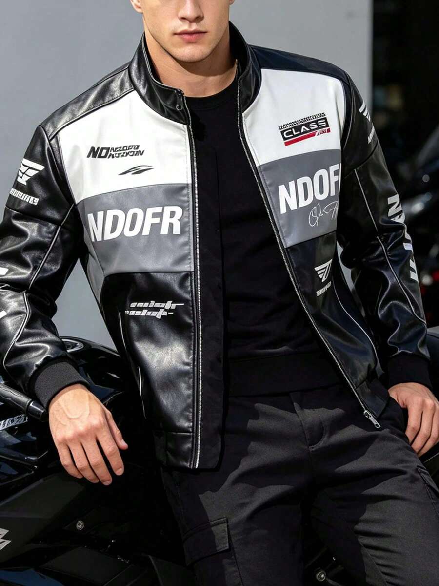 Nueva chaqueta de cuero para motocicleta para hombres, chaqueta de carreras con bloques de color, ajuste holgado de marca, forro polar, negro deportivo de invierno - Negro - Ver 1