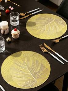 4/120pcs Gold Round Leaf PVC Placemats, Waterproof And Oil-Resistant Tabletop Decor Mats, Washable Tableware Mats, Non-Slip Odorless Western Dining Mats, Suitable For Restaurants, Cafes, Homestays, Fit For Holidays, Parties, Gatherings, Birthdays, Weddings, Dinner Parties - Multicolor - View 8