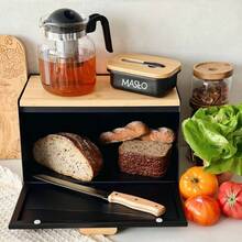 Steel Bread Container With A Bamboo Lid Height ~ 21 Cm Base Depth ~ 21.5 Cm Overall Width ~ 35.5 Cm - View 4