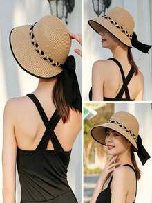 1 pieza Sombrero de cubo de unicolor con lazo para mujer, sombrero de ala ancha, adecuado para uso diario en primavera y verano - A - Ver 7