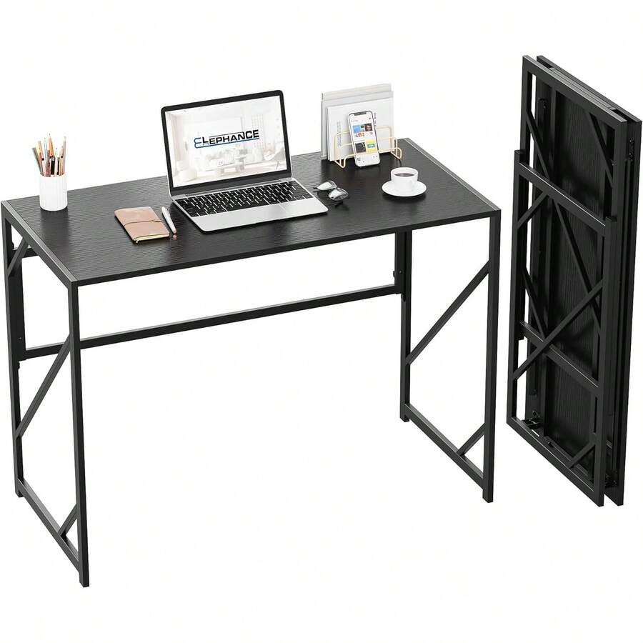 Elephance - Computadora Plegable para Oficina en Casa, Computadora de Estudio sin Montaje, Mesa Plegable para Espacios Pequeños - Marrón rústico - Ver 1