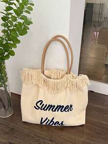 Bolso de lona con borlas con capacidad y diseño de letra, bolso de hombro minimalista para ir de compras y transporte - Beis - Ver 3