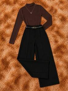 Elegant Women's Winter 2-Piece Set With High-Neck Long-Sleeve Bodysuit And Tailored Trousers + Belt - Winter Fashion - B 棕色黑色褲子 - 查看 2