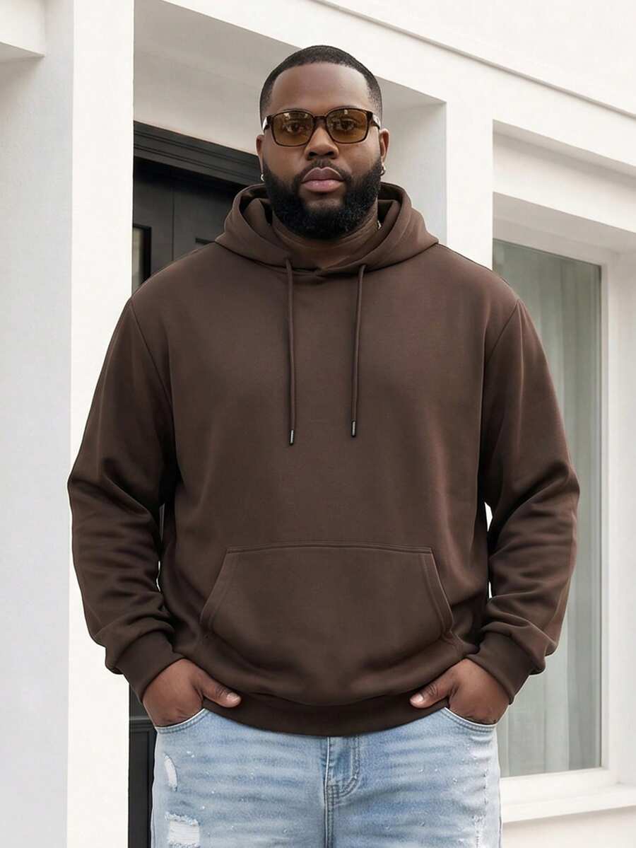 Plus Size Solid Color Hooded Sweatshirt, Loose Fit Kangaroo Pocket Drawstring Pullover, Casual Versatile Top - Coffee Brown - View 1