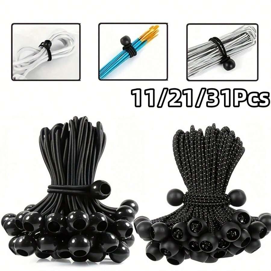 11/21/31Pcs Outdoor Tent Bungee Cord, Plastic Ball Tie, Trampoline Luggage Elastic Rope With Ball, Polka Dot Style, Black
