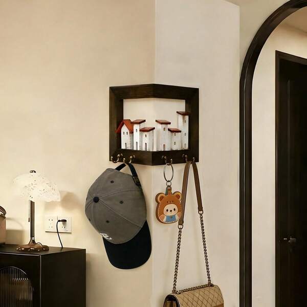 VINCAN 1pc Rustic Style Wall Mounted Key Holder With 4 Hooks, Wooden Entryway Organizer Rack For Bedroom, Home Wall Decor, Art Wall Storage, Disability Friendly Key Hook