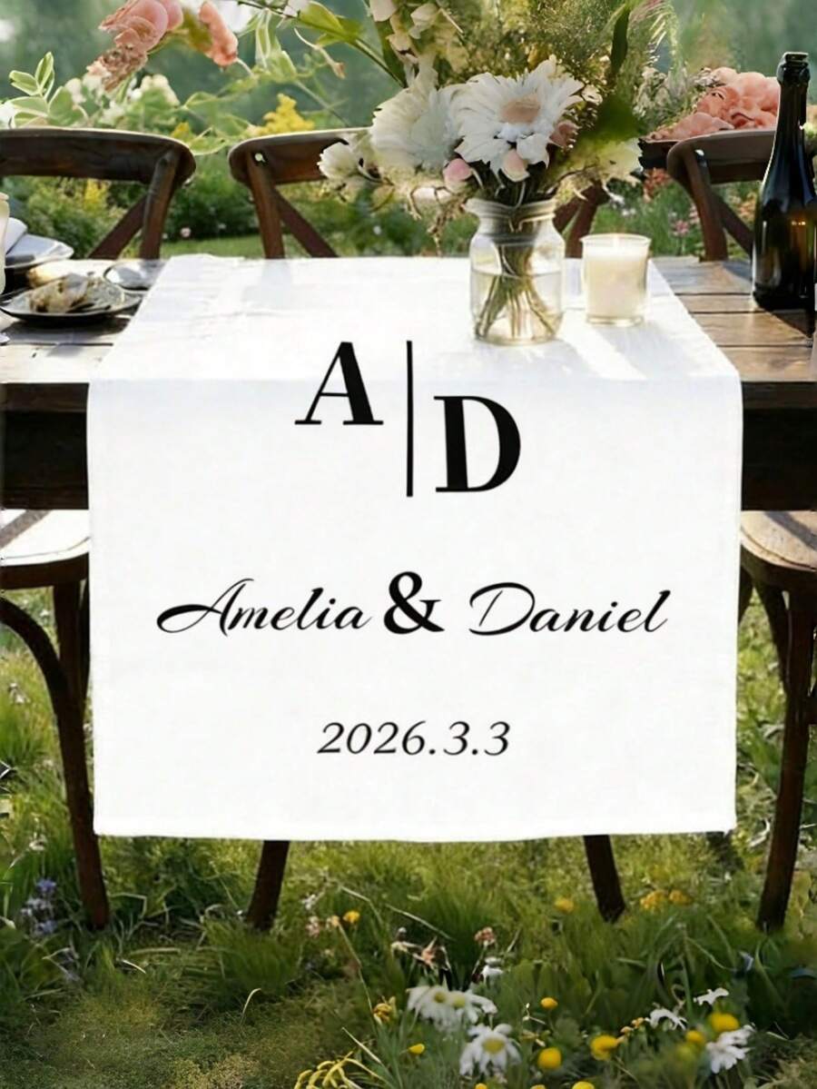 Customized Personalized Wedding Table Runner And Welcome Banner, Suitable For Weddings, Receptions, Ceremonies, Woven Fabric, Customizable Text, Rectangular Table Decor, Suitable For Outdoor Events, Name/Date/Phrase Decoration - Multicolor - View 1