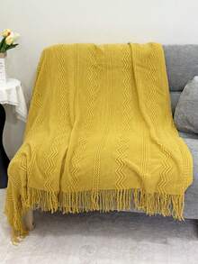 1pc Wavy Pattern Acrylic Knit Throw Blanket, Nordic Style Rectangular Solid Color Sofa Cover Bed Decorative Blanket Nap Blanket With Tassels - Yellow Vertical Three-curve Stripes - View 3