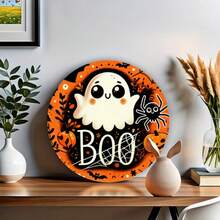 2D Flat Ghost Print Round Wooden Decorative Hanging Sign, Waterproof Durable Halloween Party Scene Decoration, Suitable For Wreath, Wall, Garden, Store, Multi-Holiday Decor - Orange - View 7