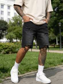 American Retro Distressed Frayed Denim Shorts, Men's Loose Straight LegBermuda Shorts - Black - View 2