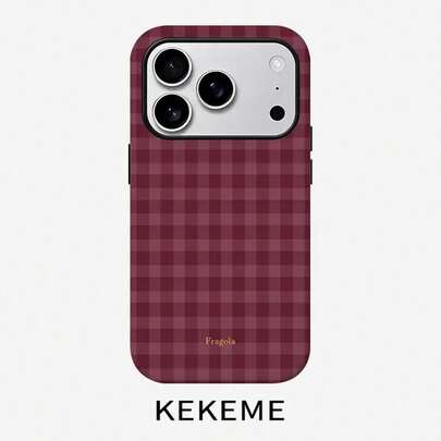 Retro-Weinrot-feines Karomuster 2 en 1, doble funda práctica para iPhone 17, 17 AIR, 16, 15, 14, 13, 12, 11 PRO MAX PLUS, compatible con Samsung Galaxy S25, S24, S23, S22, S21ULTRA/FE+, sturzfeste Schutz ist besser als bei einteiligen Hüllen. Die internale Silikonschicht kann Stöße abfedern.