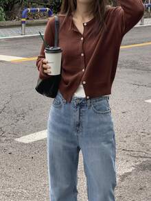 1pc Solid Color Knit Fabric Front Button Cardigan, Lightweight For Spring & Summer Daily Wear - Brown - View 3
