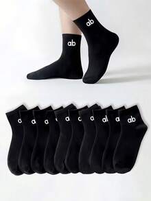 5/10/20雙女款極簡字母印花中筒襪，透氣黑色小腿襪，適合夏季日常穿著 - 黑色 - 查看 1