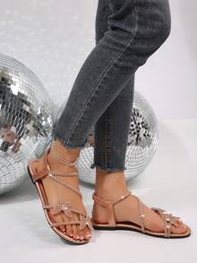 Summer New Casual Fashion Strappy Criss-Cross Glass Rhinestone Cute Bow Champagne Gold Flat Outdoor Beach Vacation Women's Sandals - Champagne Gold - View 5
