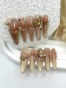 10pcs Gold Luxury Cat Eye Glitter Pointed Press-On Nail Tips, Sweet & Cool 3D Rhinestone Pearl Removable Fake Nails, Girls Gift Nail Art Supplies (1pc Jelly Sticker + 1pc Nail File) - 金色 - 查看 2