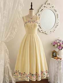 Vestido de mujer elegante y clásico vintage, vestido bordado ajustado de primavera/verano, vestido con dobladillo de paraguas blanco marfil - Amarillo - Ver 1