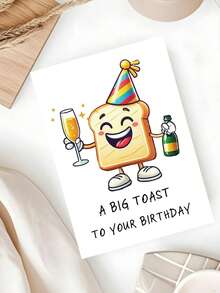 1張趣味生日卡，可愛卡通吐司雙關生日卡，雙關「Toast」葡萄酒慶祝設計，戴派對帽的可愛麵包角色，適合送給朋友、家人與美食愛好者的生日禮物，加厚加大信封與卡片 - 多色 - 查看 4