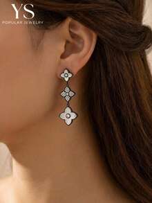 1 Pair Fashion Long Leaf Flower Earrings With Rhinestone Embellishment, High-End Style, Gift For Best Friend, Mother's Day Gift, Jewelry - Gun Black Base - View 1