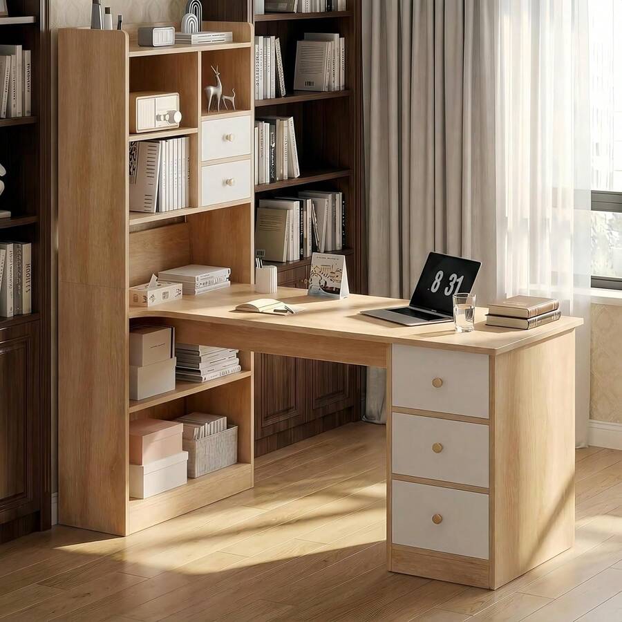 Escritorio con 5 Cajones y 7 Niveles de Repisas, Escritorio Esquinero Robusto y Duradero, Escritorio para Computadora Minimalista, Apto para Oficinas y Dormitorios (Blanco Nórdico) - Color Madera - Ver 1