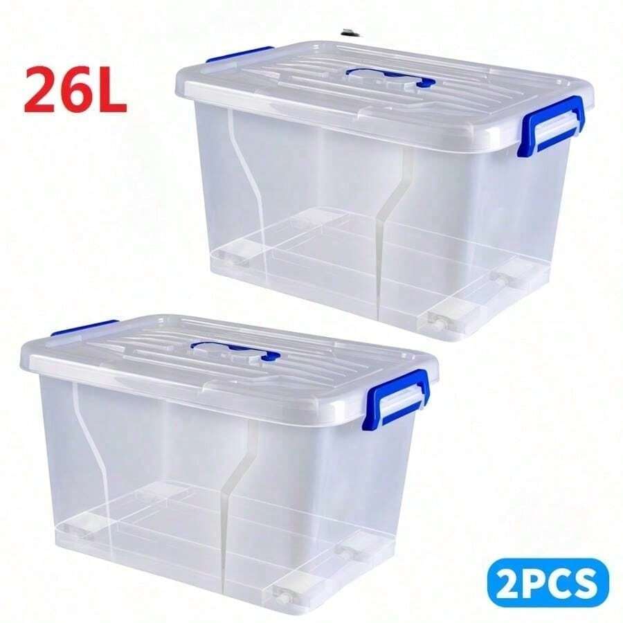 2pcs Covered Storage Boxes, An Open Storage Box, Transparent Storage Box, Sturdy And Stackable Storage Box, And Multi-Functional Multi-Sized Storage Box. These Are Highly Suitable For Organizing And Storing Items In Homes, Offices, Bedroom Wardrobes - 26 litros (46 x 32,5 x 26,5 cm) - con ruedas - Ver 1