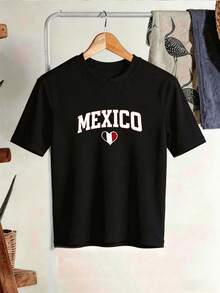 Camiseta de Mujer con Letras "MEXICO" en Relieve, Sombra Bicolor Roja y Blanca, Diseño de Corazón Simétrico y Mangas Cortas - Negro - Ver 1