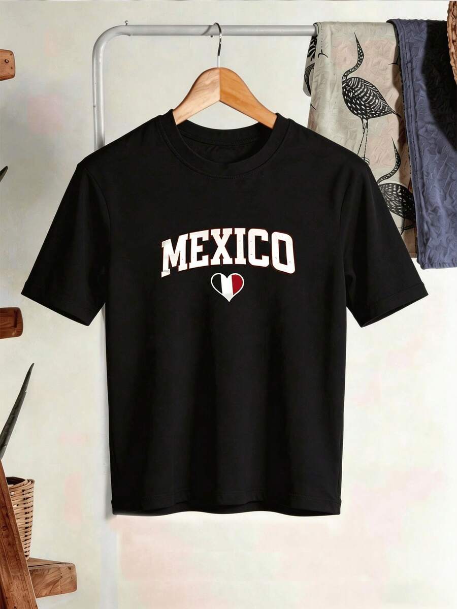 Camiseta de Mujer con Letras "MEXICO" en Relieve, Sombra Bicolor Roja y Blanca, Diseño de Corazón Simétrico y Mangas Cortas - Negro - Ver 1