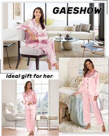 GAESHOW Conjunto de Pijamas de Mujer con Manga Larga de Satén Top Botones y Pantalones Pijama de Seda Ropa de Dormir - Rojo Vino Oscuro - Ver 4