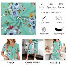 Anyally - Conjunto de pijama de verano para mujer, camisa de manga corta y pantalones capri de 2 piezas, pijama plisado con bolsillos - Mariposa azul plisada - Ver 5