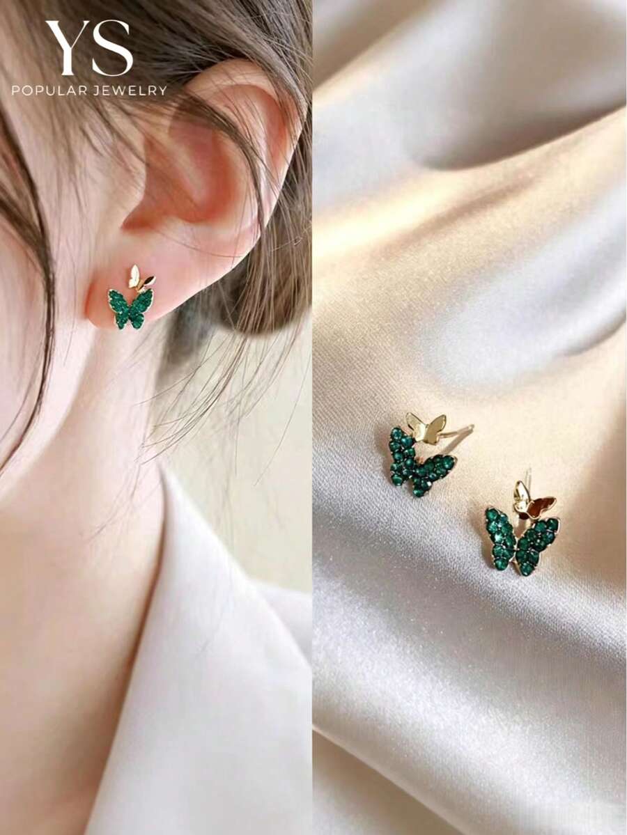 Anting Stud Kupu-kupu Vintage, Fashion Segar, Gaya Hutan Minimalis, Anting Hijau, Anting Mini Lucu
