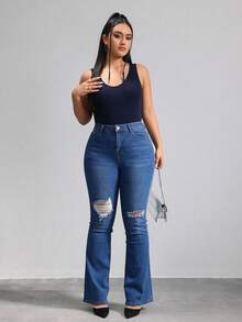 Floor-Length, High-Waisted Flare Trousers With One-Sided Rips At The Knees, High Elasticity, Fitted, Available In Multiple Shades, Retro Flowy Drape - Medium Wash - View 6