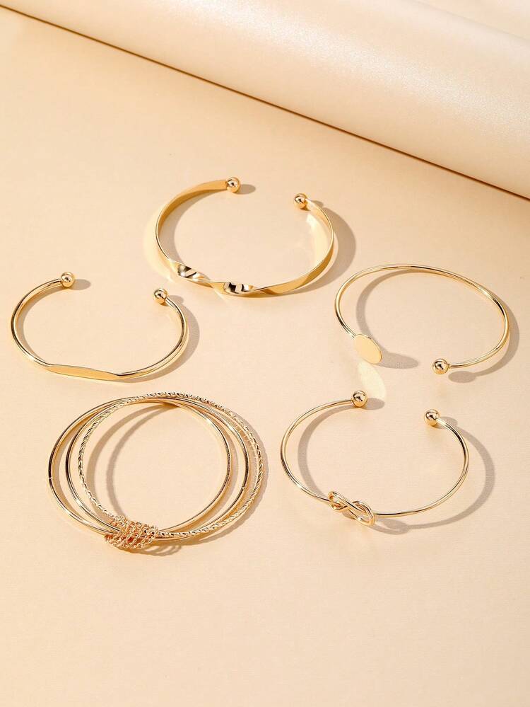 6pcs Vintage Punk Style Metal Geometric Gold Open Bangle & Elastic Disc Bracelet Set, Suitable For Women's Daily Wear, Also Can Be Given As A Gift - Gold - View 6