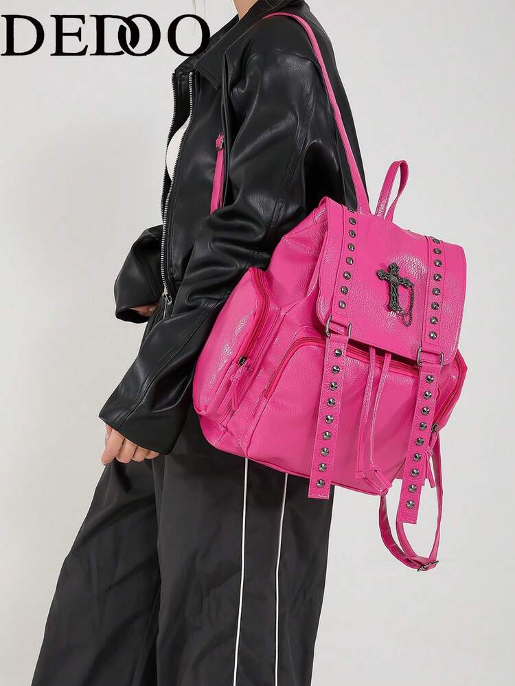 Dedoo Women's Flap Drawstring Daily Backpack, Large Capacity Student School Bag, Punk Street Style Back To School Commuter Bag - Hot Pink - View 2