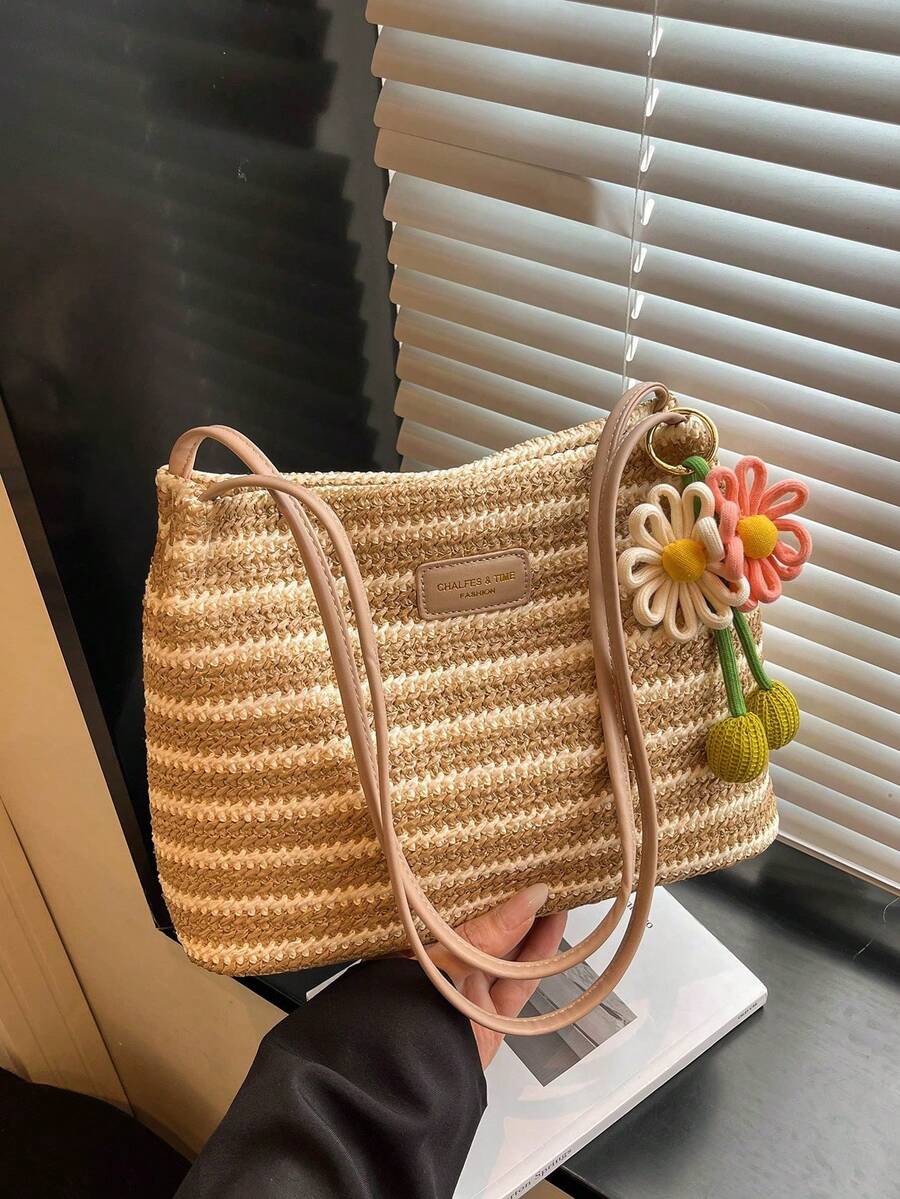 New Women's Summer Vacation Style Straw Shoulder Bag With Colorful Contrast Stripes, Cute Daisy Charm, Casual Beach Bag, Woven Underarm Bag With Colorful Stripes - 玫瑰金 - 查看 1
