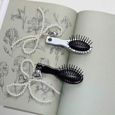 1PC Mini Portable Hair Brush, With Pearl Bowknot Heart Pendant, Belt Key Chain, Dual-Use, Travel Daily Essentials, Cute Air Cushion Comb, All Hair Types, Massage Feature, Lovely Accessories, Christmas/Birthday Gift, Party Favors, Silvery/Black