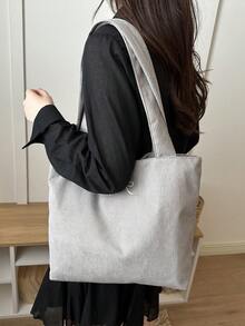 Bolso de hombro tipo tote de pana de color liso - Gris - Ver 6
