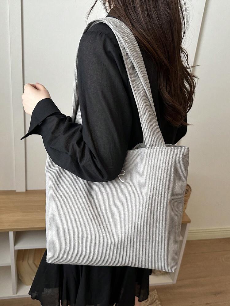 Bolso de hombro tipo tote de pana de color liso - Gris - Añade 5