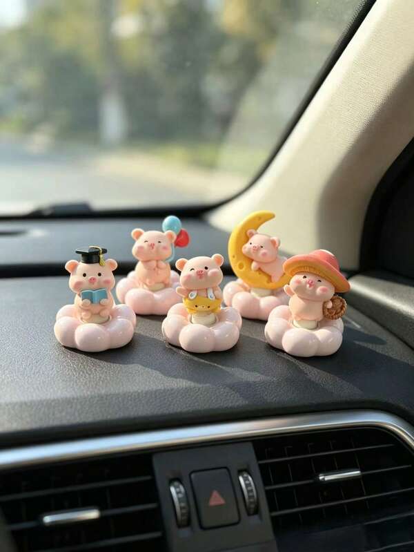 Cute Pig Rotating Car Dashboard Ornament, Adorable Resin Figurine Car Interior Decor For Women, Multi-Style Cute Pig Car Ornament Set With Flower Rotating Base, Universal Car Interior Creative Decoration Accessory