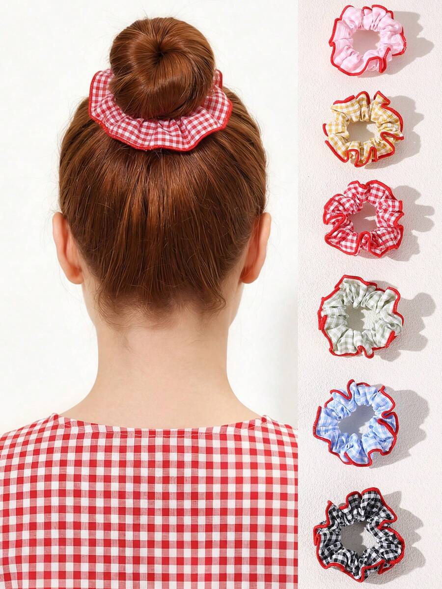 6pcs/Set Girls Multi-Color Plaid Fabric Hair Scrunchies Set Suitable For Daily Decoration - Multicolor - View 1
