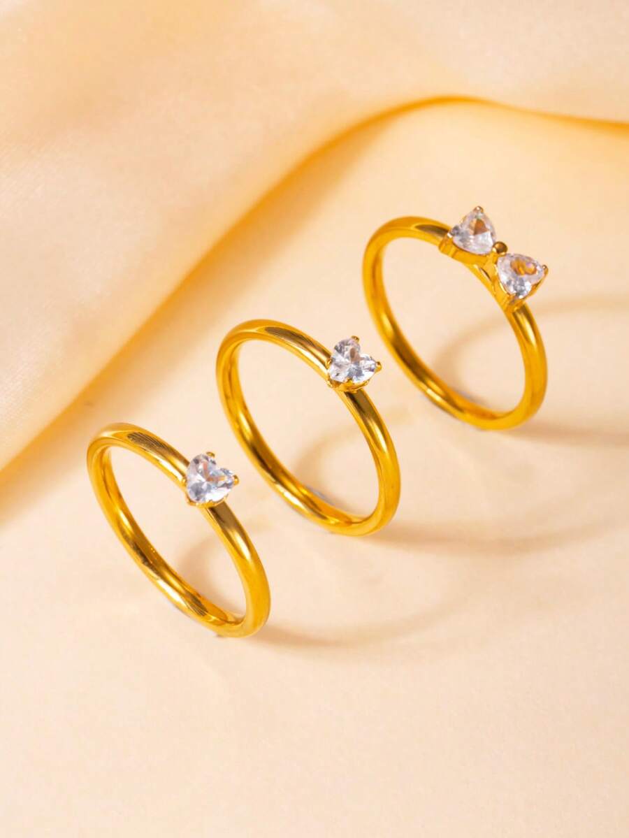 3 piezas Anillos de acero inoxidable con strass en forma de corazón 3 en 1 desmontables y personalizados, 3 piezas Anillos apilables de trébol de cuatro hojas de la suerte de lujo francés para mujer - Dorado - Ver 1