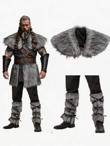 三件套男士维京国王战士斗篷，中世纪文艺复兴舞台服装，人造毛皮袜子和保暖裤，时尚风格 - A - 查看 7
