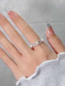 1pc French Double Layer Lace Pearl Ring, High-End Daily Commute Asymmetrical Hollow Design Twisted Open Ring - Silver - View 3